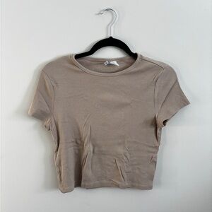 H&M Ribbed Short Sleeve Crop Top in Beige Taupe